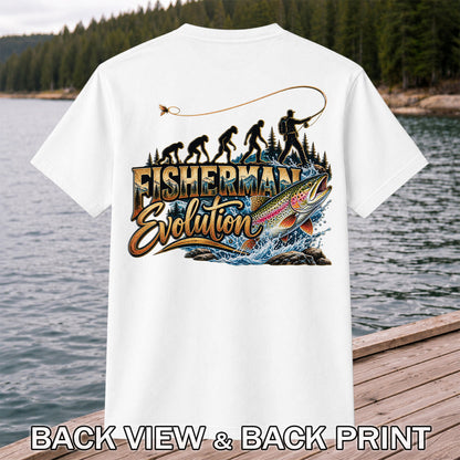 Fisherman Evolution Rainbow Trout Fly Fishing Graphic T-Shirt | Back Print