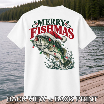 Christmas Bass Fishing Graphic T-Shirt with Santa Hat | Back Print