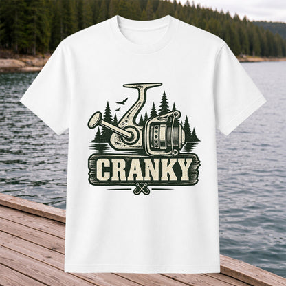 Cranky Vintage Spinning Reel Fishing Graphic T-Shirt