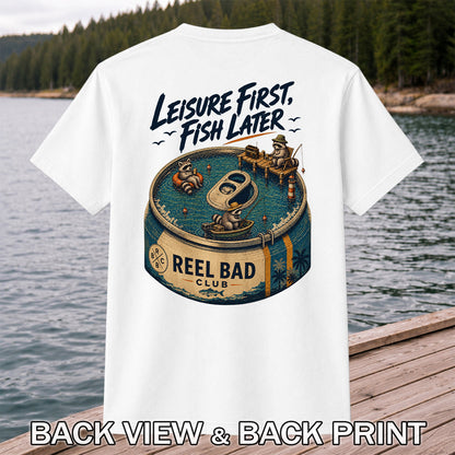 Raccoon Fishing Can Leisure Graphic T-Shirt | Back Print