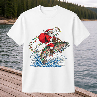 Santa Riding a Christmas-Lighted Rainbow Trout Fishing Graphic T-Shirt