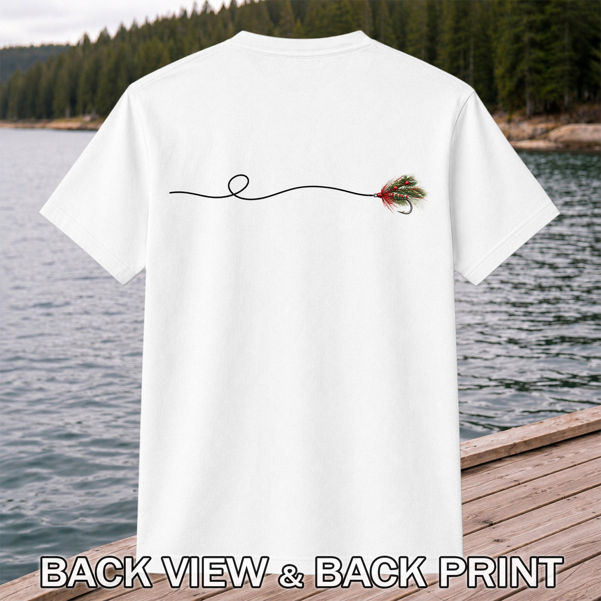 Festive Fly Fishing Lure and Line Graphic T-Shirt | Back Print
