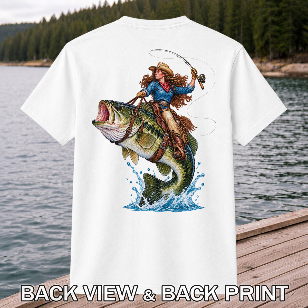 Cowgirl Riding a Largemouth Bass Fishing Graphic T-Shirt | Back Print