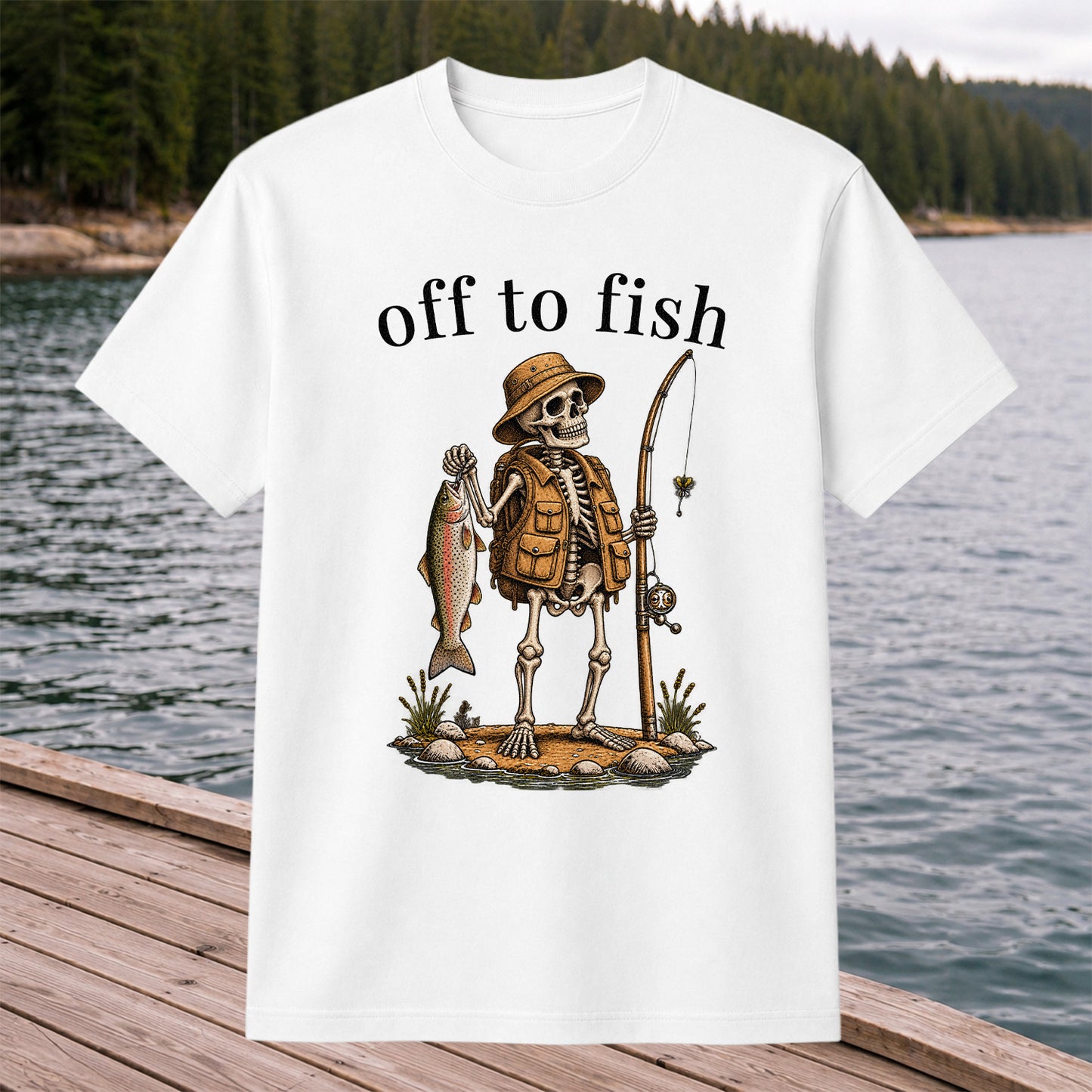 Off to Fish Skeleton Angler Funny Fishing T-Shirt