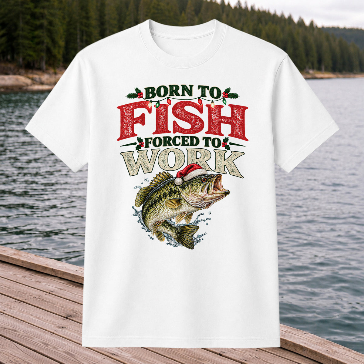 Born to Fish Forced to Work Christmas Largemouth Bass Graphic T-Shirt