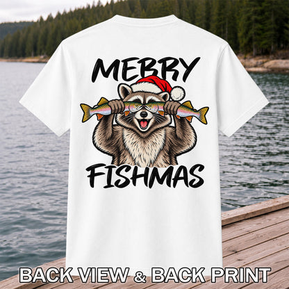 Merry Fishmas Raccoon Rainbow Trout Christmas Fishing T-Shirt | Back Print