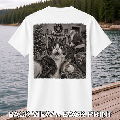 Christmas Cat Holding a Fish Mug Holiday Graphic T-Shirt | Back Print