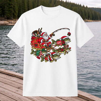 Santa Pulling Festive Bass Fishing Graphic T-Shirt