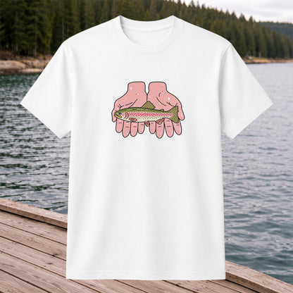 Rainbow Trout Held in Pink Hands Fishing Graphic T-Shirt