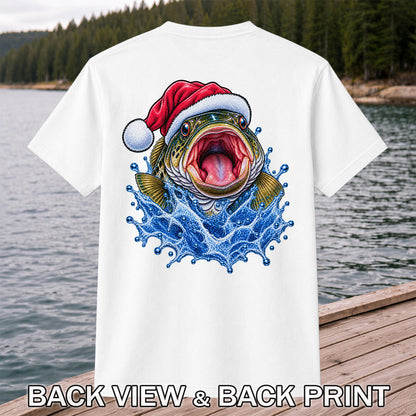 Santa Hat Bass Splash Fishing Graphic T-Shirt | Back Print