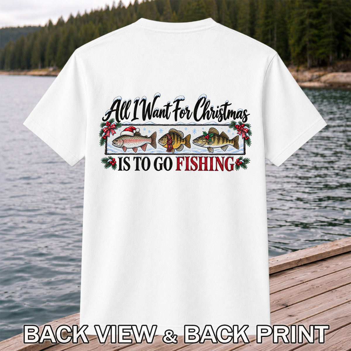Christmas Freshwater Fish Fishing Graphic T-Shirt | Back Print