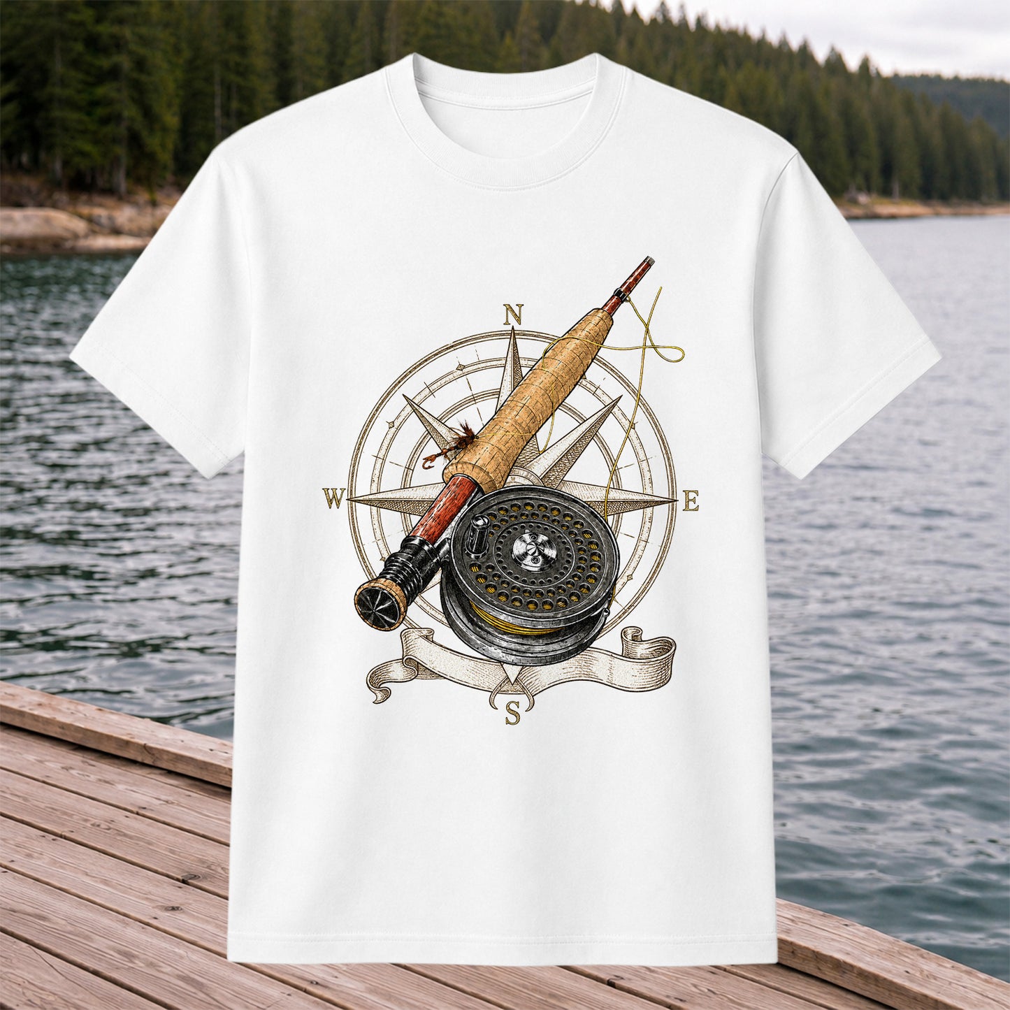 Vintage Fly Fishing Rod Reel and Compass Graphic T-Shirt