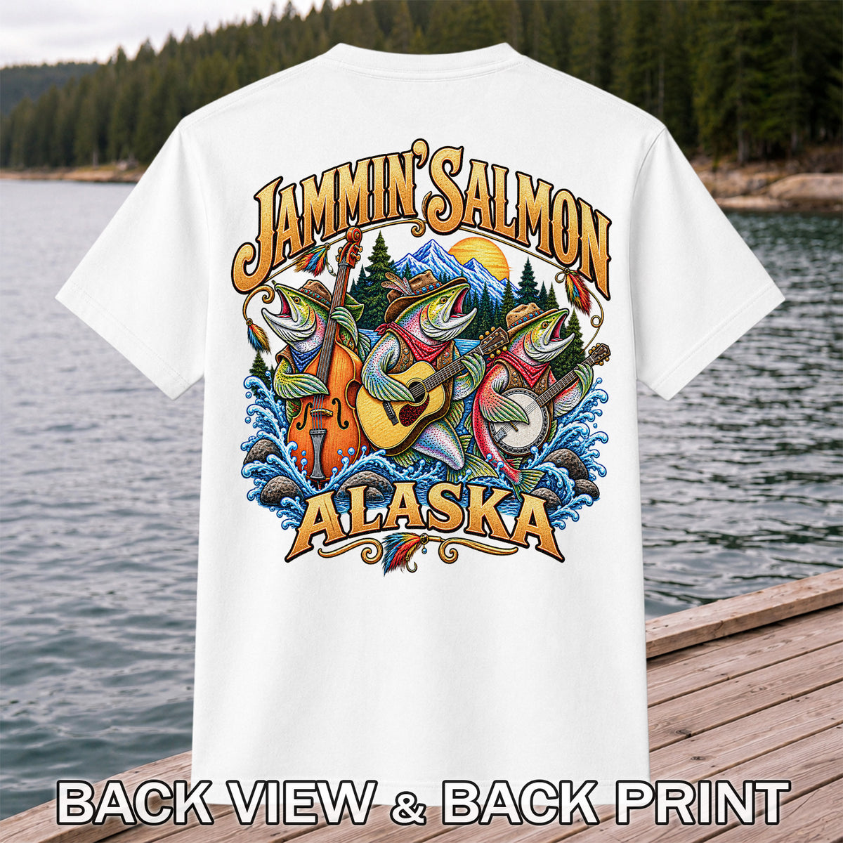 Salmon Music Band Alaska Fishing Graphic T-Shirt | Back Print