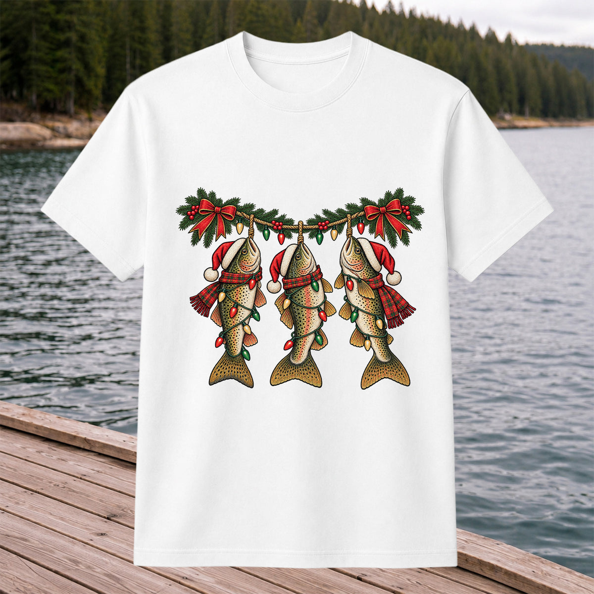 Festive Trout String Lights Christmas Fishing T-Shirt