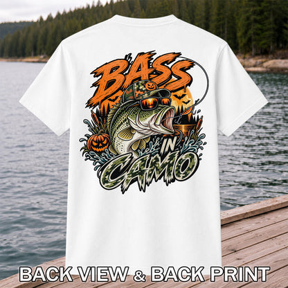 Bass in Camo Halloween Pumpkin Bass Fishing Graphic T-Shirt | Back Print