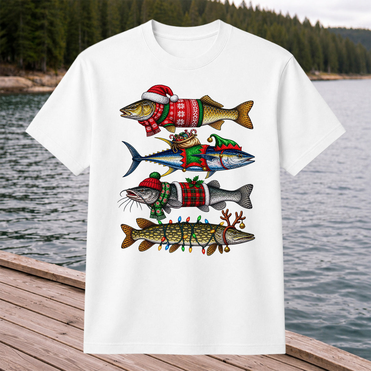 Christmas Fish in Festive Sweaters Fishing Graphic T-Shirt