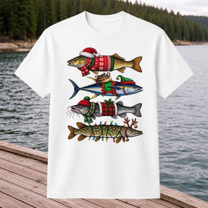 Christmas Fish in Festive Sweaters Fishing Graphic T-Shirt
