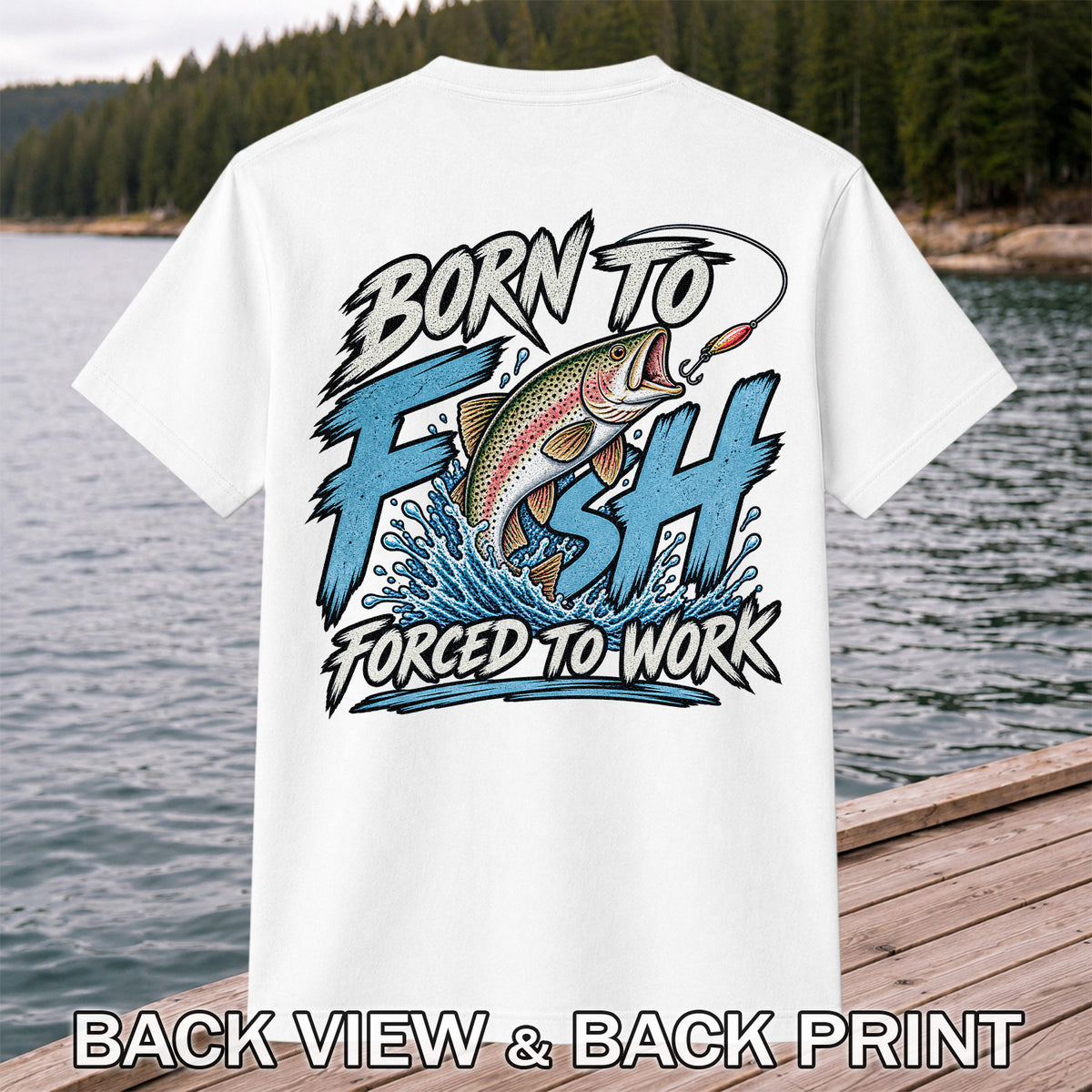 Born to Fish Forced to Work Jumping Rainbow Trout Fishing T-Shirt | Back Print
