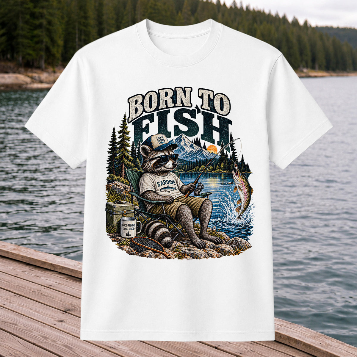 Born to Fish Raccoon in Sunglasses Lake Fishing T-Shirt