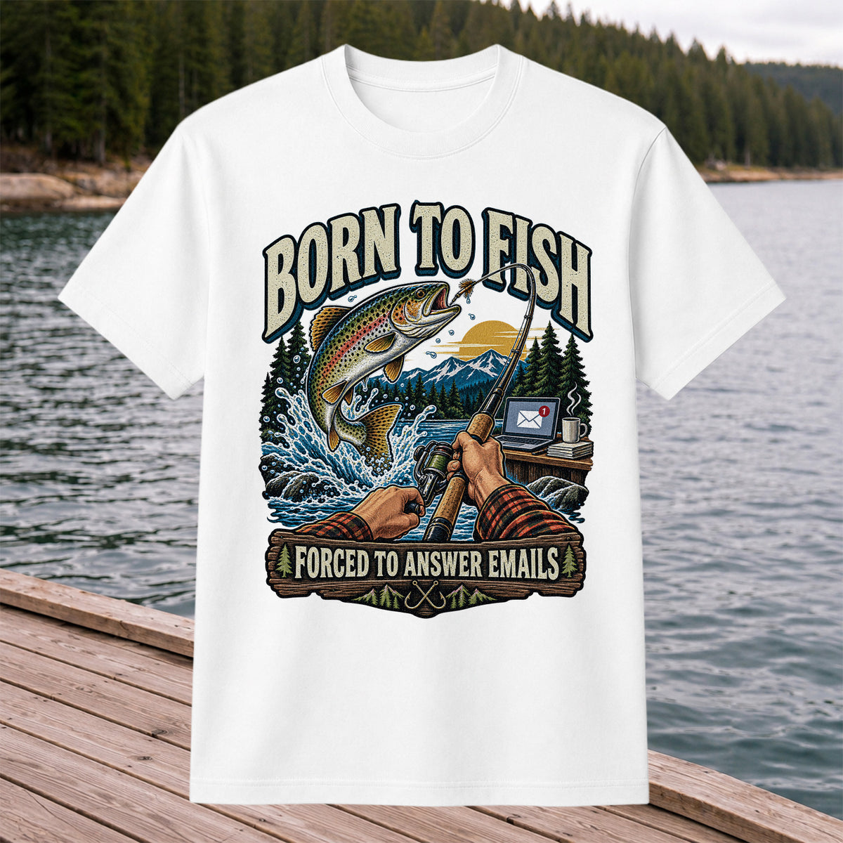 Born to Fish Forced to Answer Emails Rainbow Trout Fishing T-Shirt