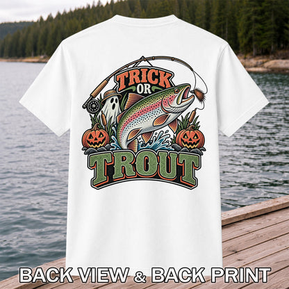Trick or Trout Rainbow Trout Ghost and Pumpkins Halloween Fishing T-Shirt | Back Print
