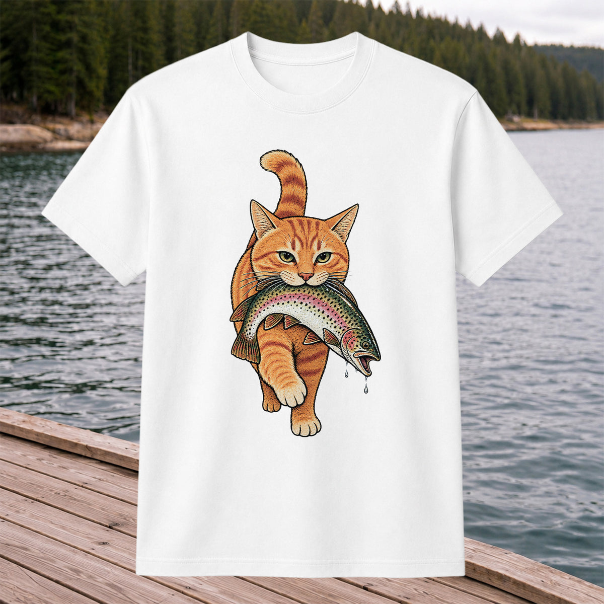 Cat Holding Trout Funny Fishing Graphic T-Shirt