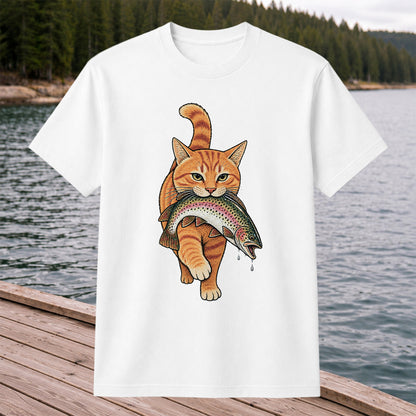 Cat Holding Trout Funny Fishing Graphic T-Shirt