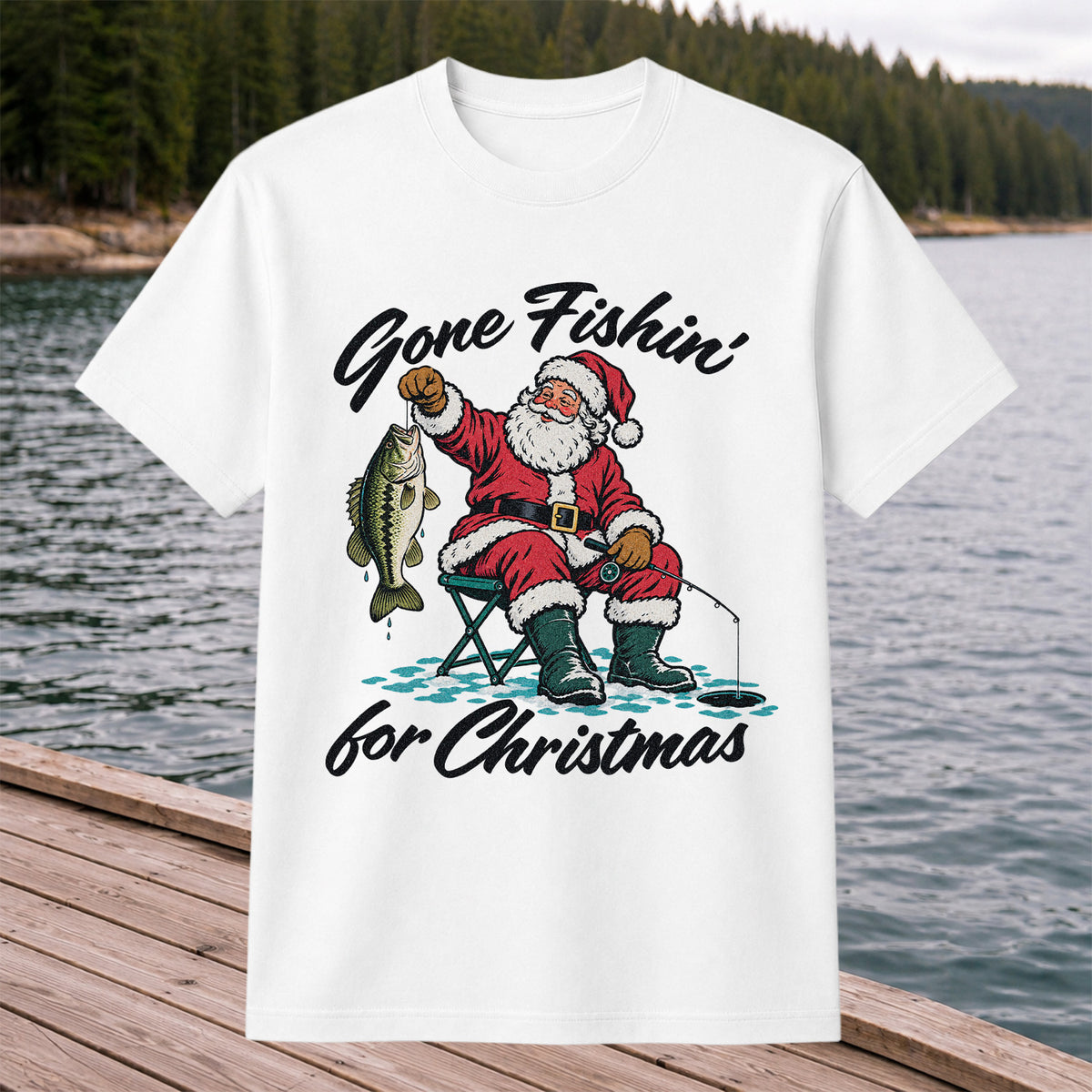 Santa Fishing with Bass Christmas Graphic T-Shirt