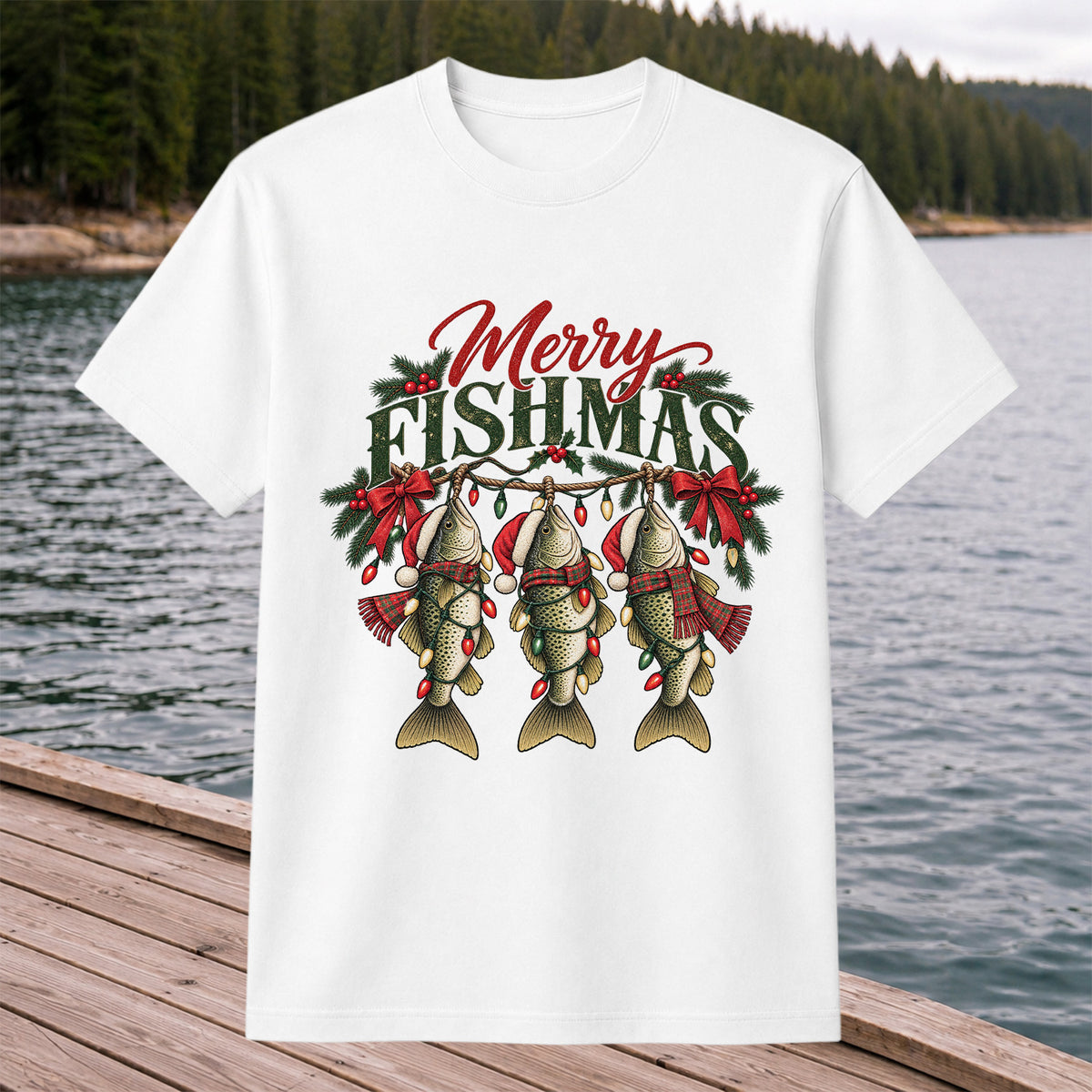 Merry Fishmas Christmas Trout Fishing Graphic T-Shirt
