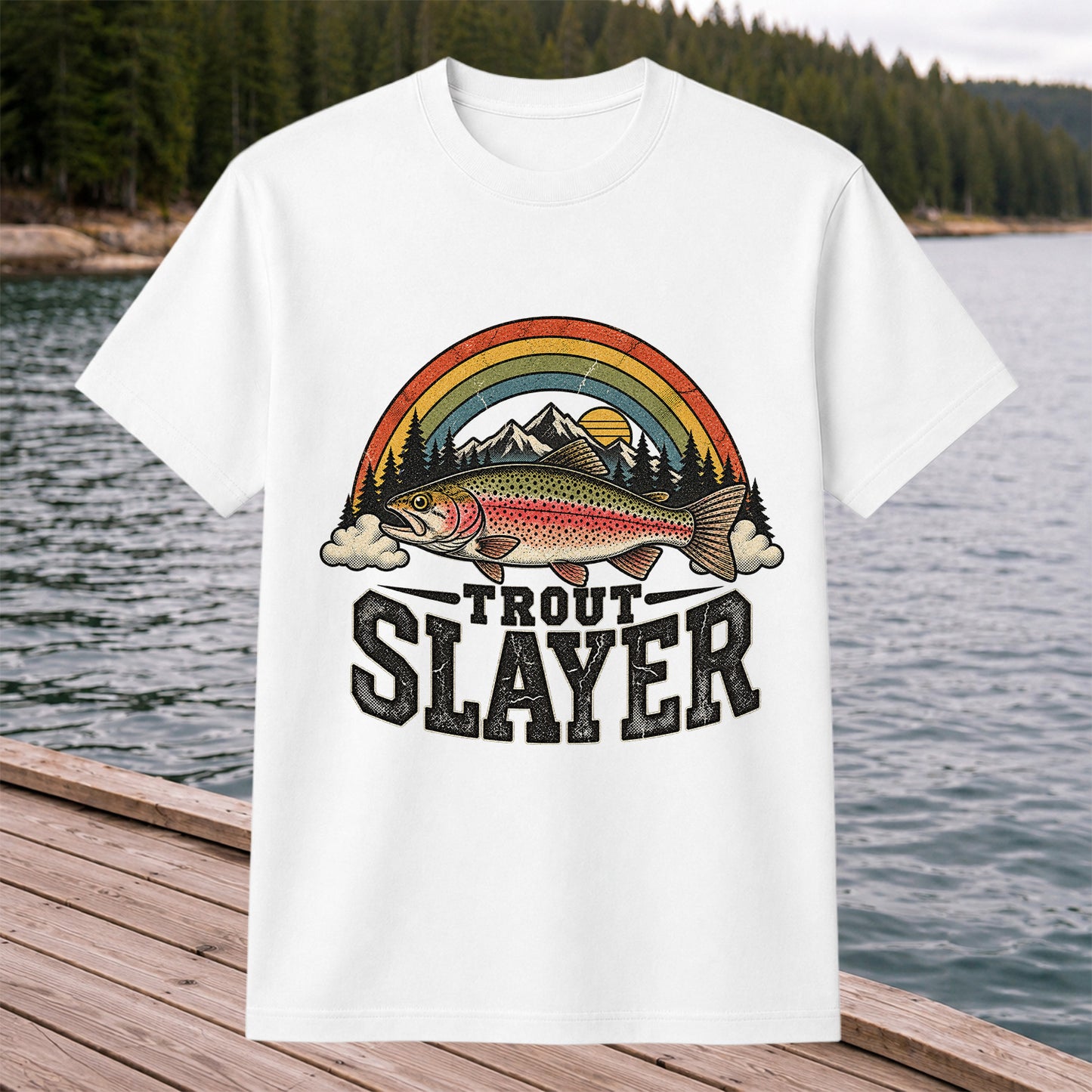 Trout Slayer Rainbow Trout Mountain Sunset Fishing T-Shirt