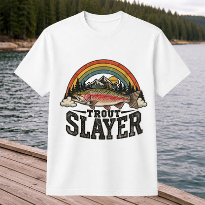 Trout Slayer Rainbow Trout Mountain Sunset Fishing T-Shirt