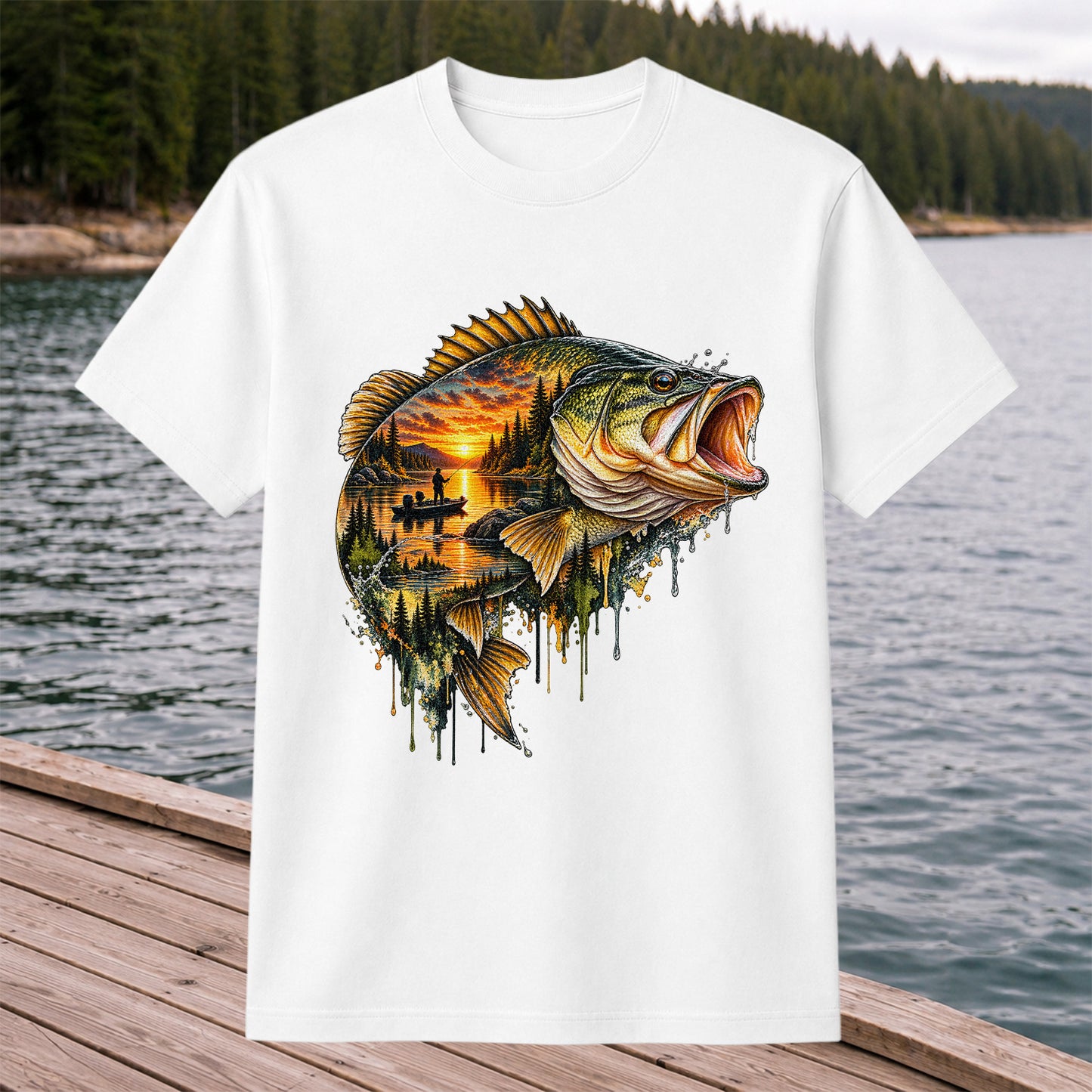 Largemouth Bass Sunset Lake Landscape Fishing Graphic T-Shirt