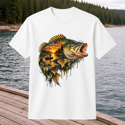 Largemouth Bass Sunset Lake Landscape Fishing Graphic T-Shirt