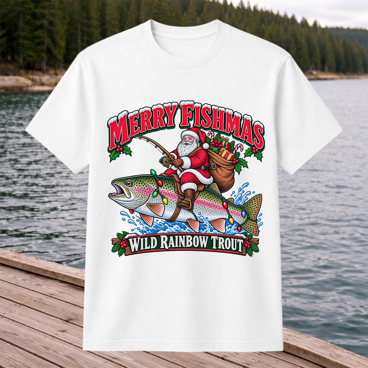 Merry Fishmas Santa Riding a Wild Rainbow Trout Christmas Fishing T-Shirt