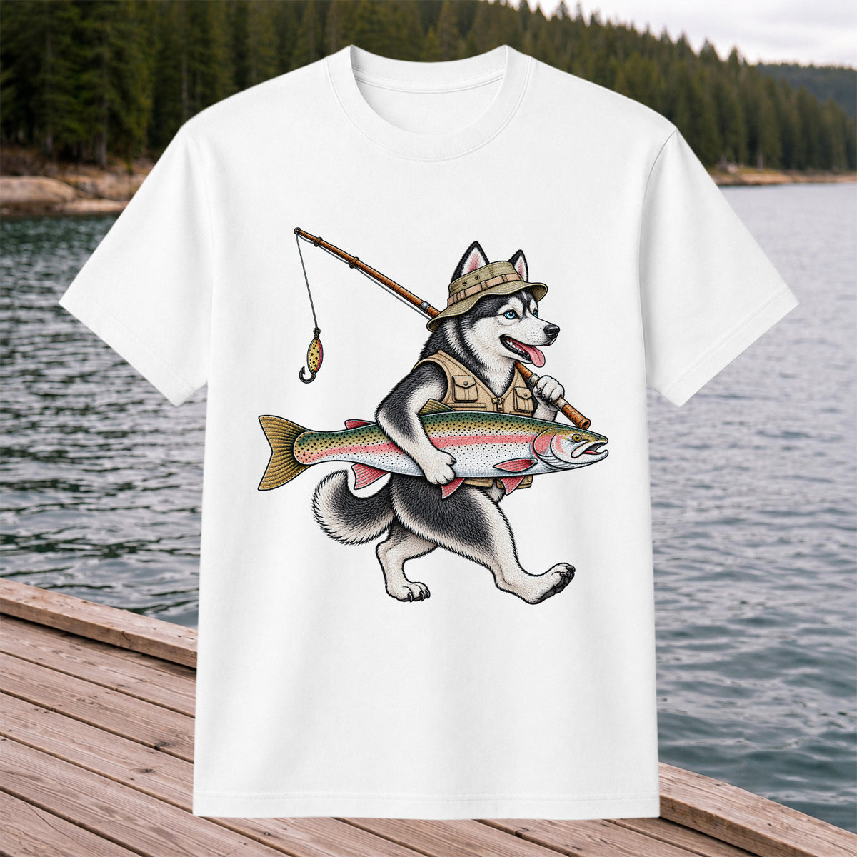 Husky Holding Rainbow Trout Fishing Graphic T-Shirt