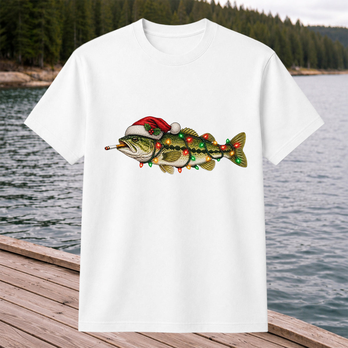Christmas Bass Fishing Lights and Santa Hat Graphic T-Shirt