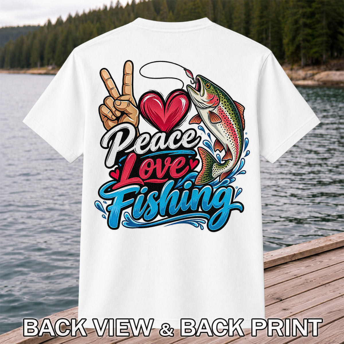 Peace Love Fishing Rainbow Trout and Heart Graphic T-Shirt | Back Print