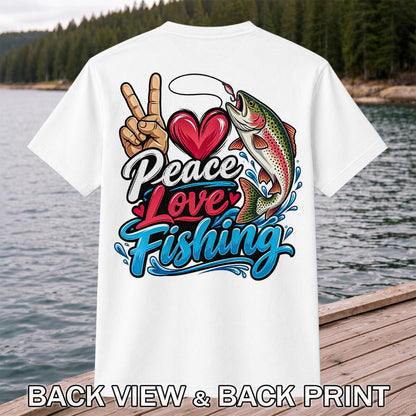 Peace Love Fishing Rainbow Trout and Heart Graphic T-Shirt | Back Print