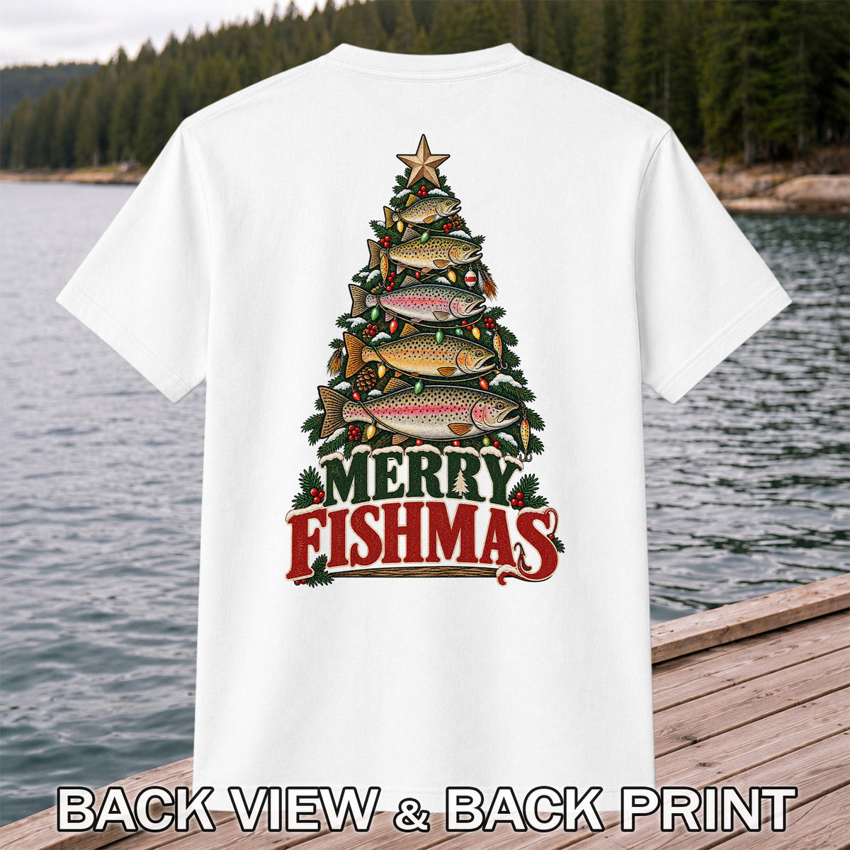 Merry Fishmas Trout Christmas Tree Fishing T-Shirt | Back Print
