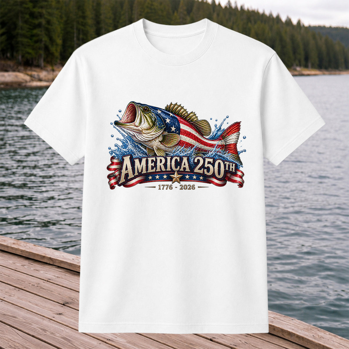 America 250th 1776–2026 American Flag Bass Fishing T-Shirt