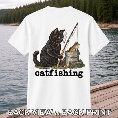 Catfishing Smoking Black Cat with Fishing Rod Funny T-Shirt | Back Print