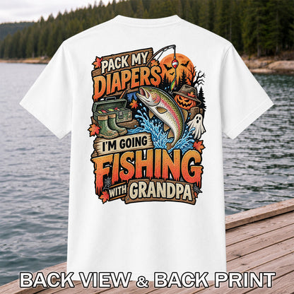 Pack My Diapers I'm Going Fishing With Grandpa Halloween Rainbow Trout T-Shirt | Back Print