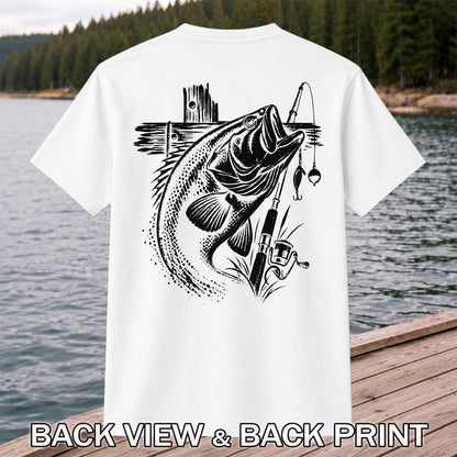 Largemouth Bass Fishing Rod Vintage Graphic T-Shirt | Back Print