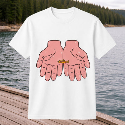 Tiny Rainbow Trout in Two Hands Cute Fishing Graphic T-Shirt