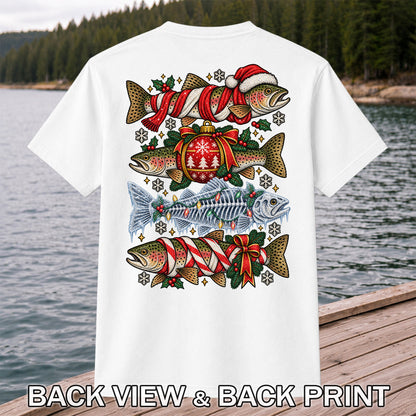 Christmas Rainbow Trout and Fish Skeleton Fishing Graphic T-Shirt | Back Print