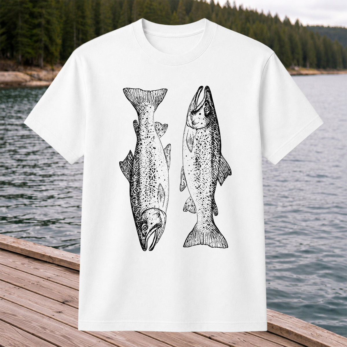 Two Salmon Vintage Line Art Fishing Graphic T-Shirt