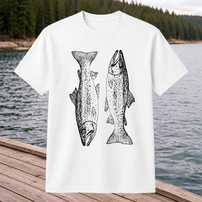 Two Salmon Vintage Line Art Fishing Graphic T-Shirt