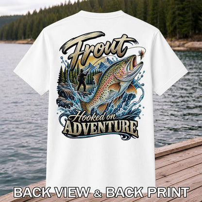Trout Hooked on Adventure Mountain Fly Fishing T-Shirt | Back Print