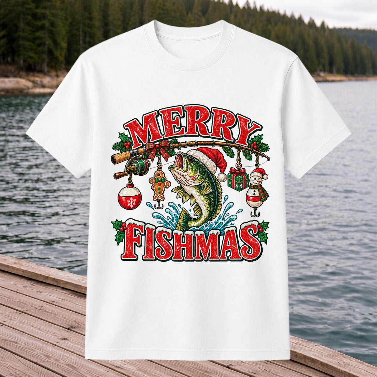 Merry Fishmas Santa Bass Christmas Fishing Graphic T-Shirt