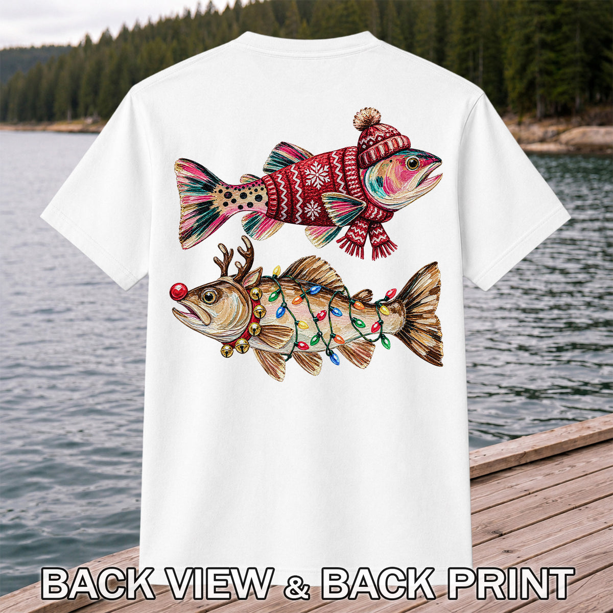 Festive Christmas Fish with Lights Fishing Graphic T-Shirt | Back Print